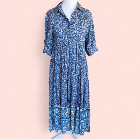 Natural Life Women’s Blue Rebecca Floral Midi Dress Button Front Boho Hippie - Picture 2 of 6